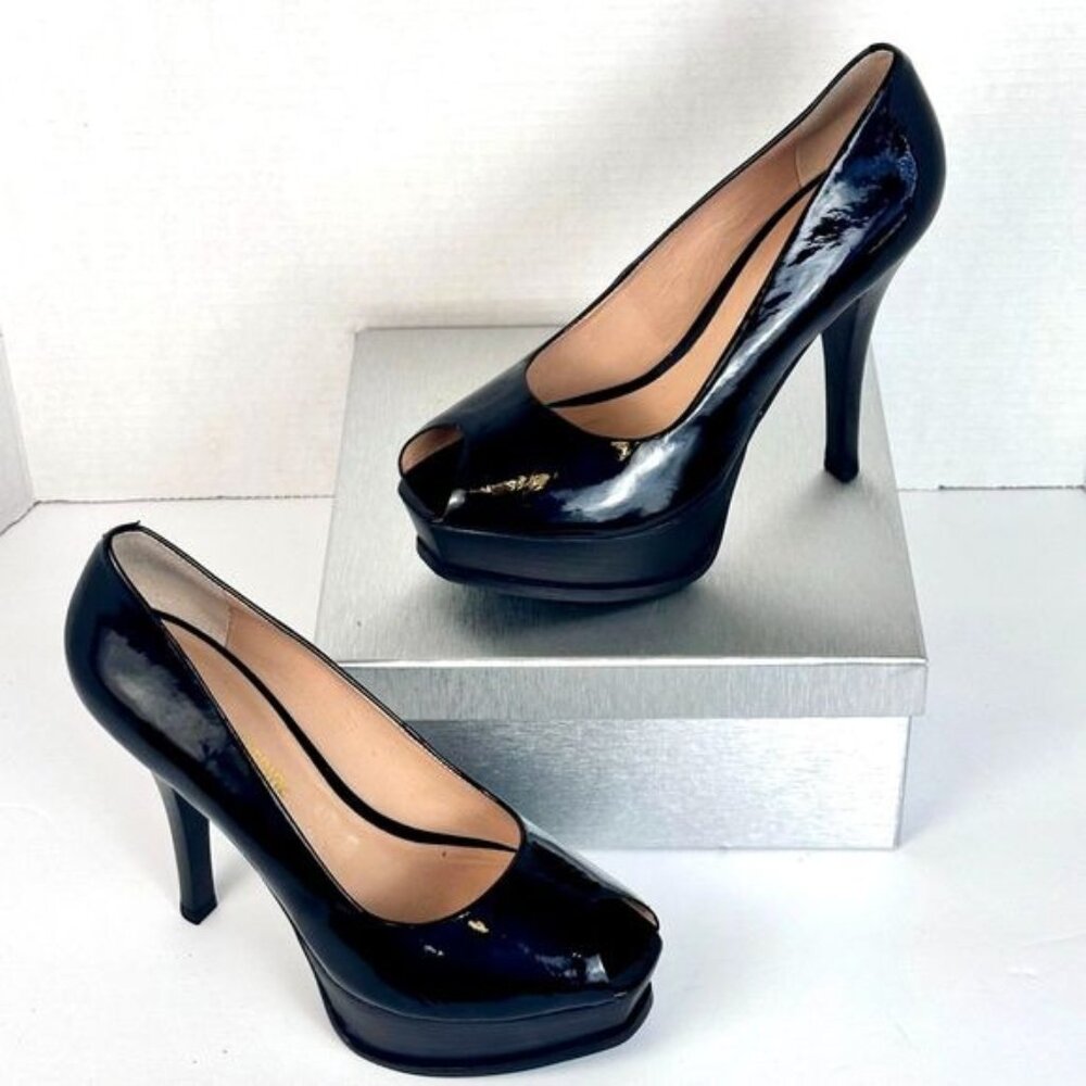 Pour La Victoire Black Patent Leather Open Toe Platform High Heel Pumps Size 7.5